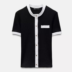 Zara Contrast Ribbed Cardigan Sweater New Sz M Short Sleeve Scalloped Black